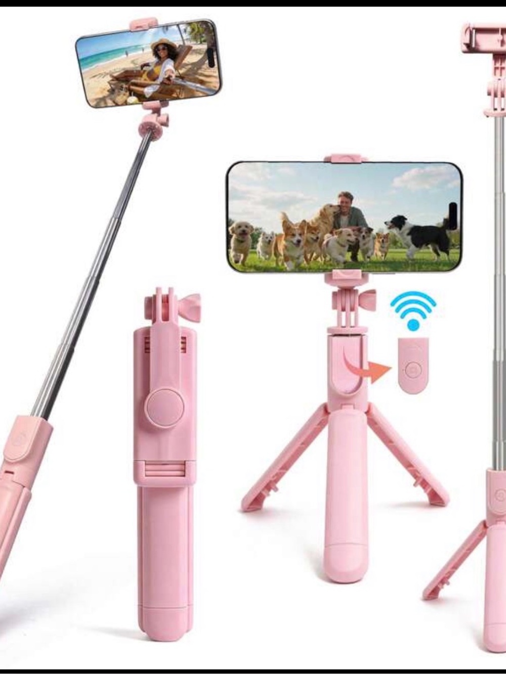Universal Pink Bluetooth Selfie Stick Tripod with Remote